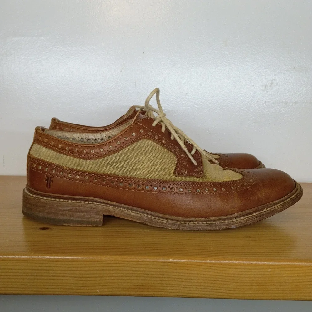 Frye‎ Company John A. Frye Wingtip Oxford Men's 10D Brown Leather Canvas Brogue